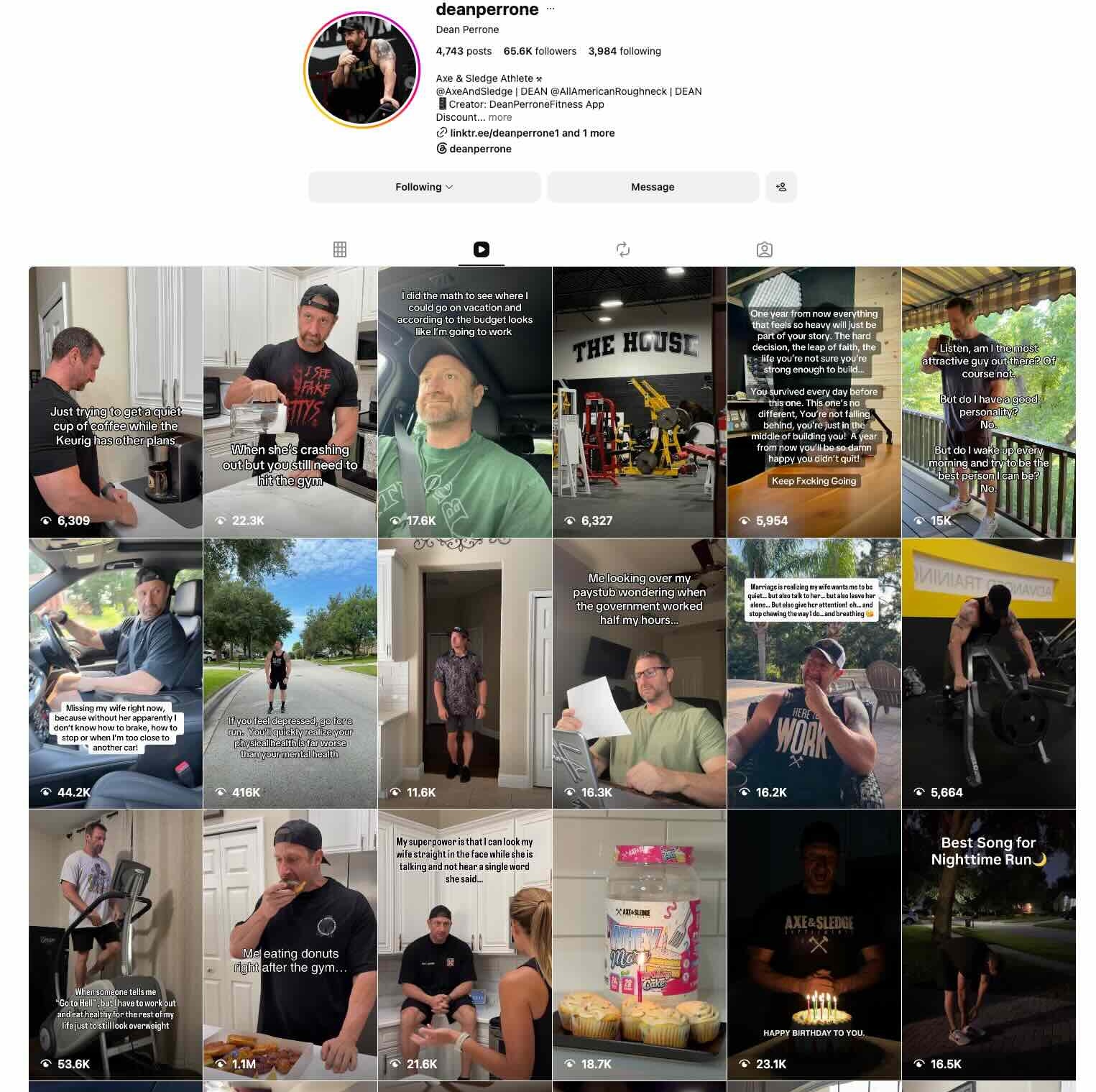 Instagram profile preview showing over 65,000 followers and viral fitness and lifestyle content — Dean Perrone Gen X UGC Creator